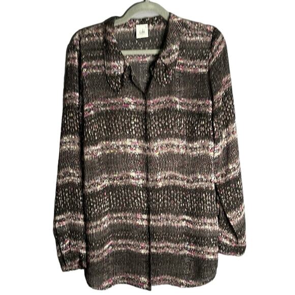 Cabi Black and Pink Semi Sheer Long Sleeve Button Front Blouse Size Large - Picture 1 of 9